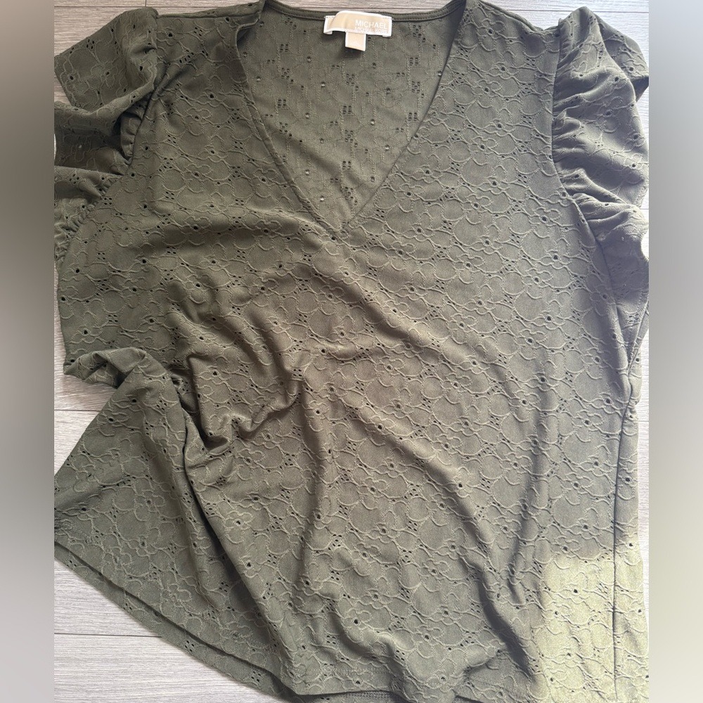 Michael Kors Olive Green Boho Eyelet V-Neck Ruffle Sleeve Feminie Blouse XL